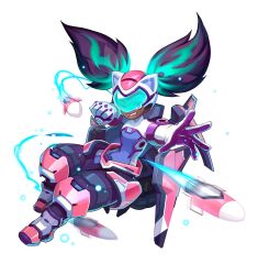 1girl absurdres artist_request black_hair cat_ear_helmet child dark-skinned_female dark_skin formal_clothes full_body gradient_hair green_hair helmet highres luna_(omega_strikers) missing_tooth multicolored_hair non-web_source official_art omega_strikers one_eye_closed rocket smile solo suit trail
