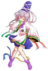 1girl alphes_(style) blush closed_mouth commentary_request crying dairi full_body grey_hair hand_to_own_mouth hat highres large_variant_set long_hair long_sleeves mononobe_no_futo parody ponytail purple_shoes ribbon shirt shoes skirt sleeves_past_wrists smile solo style_parody tachi-e tears touhou transparent_background variant_set wide_sleeves