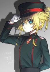 1girl belt blonde_hair blue_eyes cross feng_ft gloves hair_between_eyes hat highres long_hair long_sleeves looking_at_viewer military_hat military_uniform ponytail short_hair solo tanya_degurechaff white_gloves youjo_senki