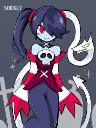 1girl blue_hair blue_skin character_name colored_skin cowboy_shot cross detached_collar detached_sleeves dress facing_viewer grave grey_background hair_over_one_eye hatosabure highres leviathan_(skullgirls) ponytail red_eyes side_ponytail skullgirls smile solo squigly_(skullgirls) stitched_mouth stitches striped_sleeves tombstone