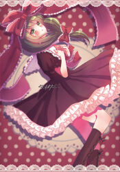 Rule 34 | 1girl, absurdres, adversarial noise, blurry, blush, boots, border, bow, brown boots, collar, crying, depth of field, dress, frilled dress, frilled ribbon, frills, front ponytail, green eyes, green hair, hands on own chest, highres, kagiyama hina, konpota (pixiv 113398422), lace, lace border, open mouth, ornate border, polka dot, polka dot background, red background, red bow, red dress, red ribbon, ribbon, sad, short sleeves, solo, streaming tears, teardrop, tears, touhou, white collar