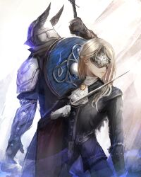 1boy 1girl absurdres armor ascot blindfold blonde_hair brother_and_sister duchess_(elden_ring) elden_ring elden_ring_nightreign gloves hat helmet highres holding holding_sword holding_weapon long_hair siblings stephengiannart sword weapon white_ascot white_gloves white_hair winged_helmet wylder_(elden_ring)