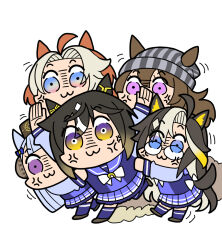 5girls ahoge anger_vein animal_ears beanie bkub_(style) black_hair blue_eyes blunt_bangs bow bowtie brown_hair commentary_request dream_journey_(umamusume) ear_covers glasses gold_ship_(umamusume) gradient_eyes grey_hair hat horse_ears horse_girl horse_tail long_hair miniskirt multicolored_eyes multicolored_hair multiple_girls nakayama_festa_(umamusume) orfevre_(umamusume) parody pillbox_hat pink_eyes pleated_skirt purple_eyes purple_serafuku purple_shirt purple_skirt purple_thighhighs sailor_collar sailor_shirt sakazaki_freddy school_uniform serafuku shirt skirt stay_gold_(umamusume) stay_stay style_parody tail thighhighs tracen_school_uniform umamusume white_background white_bow white_bowtie white_hair yellow_eyes