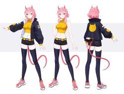 1girl absurdres arm_at_side arm_up ass bare_shoulders belt belt_buckle black_jacket black_shorts black_thighhighs breasts buckle closed_mouth clothes_writing clothing_cutout collared_jacket commentary commission contrapposto cropped_sweater curled_tail demon_girl demon_horns demon_tail double-parted_bangs english_commentary english_text flipped_hair from_behind full_body furrowed_brow hair_between_eyes hand_on_own_hip high_tops highres horns indie_virtual_youtuber invisible_floor jacket large_breasts legs_apart long_eyelashes long_legs long_sidelocks long_sleeves looking_at_viewer midriff mikki_fuu multiple_views navel open_clothes open_hands open_jacket outstretched_arm patch pink_eyes pink_hair pink_horns pink_nails pink_shoes pink_tail print_belt print_jacket puffy_long_sleeves puffy_sleeves reference_sheet ribbed_sweater shoes short_hair short_hair_with_long_locks short_shorts shorts shoulder_patch sidelocks skindentation sleeveless sleeveless_sweater sleeveless_turtleneck_sweater smile sneakers spiked_hair standing sweater tail tail_through_clothes thick_eyelashes thighhighs thighs tight_clothes tight_top turnaround turtleneck turtleneck_sweater two-sided_fabric two-sided_jacket v-shaped_eyebrows vertigris virtual_youtuber white_background white_jacket yellow_belt yellow_sleeve_cuffs yellow_sweater