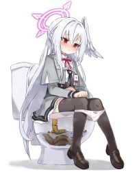 1girl aku0 black_neckerchief black_thighhighs blue_archive blush brown_shoes closed_mouth collar commentary commission full_body grey_jacket grey_skirt halo head_wings highres id_card jacket long_hair looking_to_the_side neck_ribbon neckerchief panties panty_pull pixiv_commission purple_halo red_eyes ribbon scat shirt shoes simple_background single_head_wing skirt solo suzumi_(blue_archive) sweat symbol-only_commentary thighhighs toilet_use trinity_general_school_logo underwear very_long_hair white_background white_collar white_hair white_panties white_shirt wings