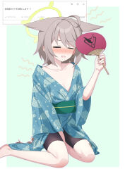 1girl =_= ahoge animal_ears bandaid bandaid_on_leg bike_shorts blue_archive blush breasts closed_eyes eko fox_ears fox_girl green_halo halo hand_fan highres japanese_clothes kimono obi otogi_(blue_archive) patterned_clothing sash sitting small_breasts