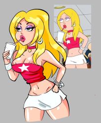 Rule 34 | 1girl, american dad!, blonde hair, bohoboobs, breasts, choker, cup, disposable cup, earrings, eyeshadow, francine smith, highres, holding, holding cup, jewelry, long hair, makeup, medium breasts, microskirt, navel, nipple slip, nipples, pink choker, pink lips, pink shirt, purple eyeshadow, reference inset, shirt, skirt, strapless, strapless shirt, white skirt