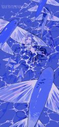 1other absurdres bare_shoulders blue_theme bright_pupils cable dajiafengfan25164 english_text fish flying_fish from_above gloves hand_over_face highres long_hair looking_up monochrome ocean original outdoors partially_fingerless_gloves perspective transparent_wings wading water white_pupils