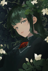 1girl black_jacket closed_mouth collared_jacket female_focus flower_request green_hair highres jacket kunyetog lo_po_bia_elaine long_hair long_sleeves looking_at_viewer lying serious solo tower_of_god white_eyes