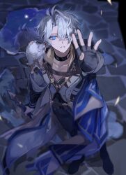 1boy absurdres antenna_hair armor black_choker black_gloves black_shirt black_shoes blue_cape blue_eyes blurry cape choker coat collarbone collared_shirt commentary depth_of_field er_ra63 fingerless_gloves gloves gold_trim hand_up highres holding holding_sword holding_weapon honkai:_star_rail honkai_(series) looking_up male_focus pants parted_lips pauldrons phainon_(honkai:_star_rail) puddle reflection reflective_water shirt shoes short_hair shoulder_armor single_glove single_pauldron solo sun_symbol sun_tattoo sword tan weapon white_coat white_hair white_pants