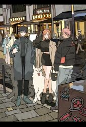 3girls 4boys ^_^ animal black_hair blindfold brown_hair closed_eyes commentary_request dagon_(jujutsu_kaisen) dog earrings facial_mark fumi_(jujutsu_kaisen) fushiguro_megumi gojou_satoru gyokuken highres holding holding_phone itadori_yuuji jewelry jogo_(jujutsu_kaisen) jujutsu_kaisen kugisaki_nobara letterboxed light_brown_hair looking_at_another miniskirt multiple_boys multiple_girls nanami_kento one-eyed outdoors phone pink_hair saori_(jujutsu_kaisen) short_hair skirt spiked_hair takeuchi_ryousuke tongue tongue_out white_hair wolf