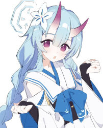 1girl :o aqua_hair blue_archive blush braid chise_(blue_archive) detached_sleeves flower hair_between_eyes hair_flower hair_ornament halo horns japanese_clothes long_hair oni parted_lips purple_eyes simple_background solo twin_braids upper_body white_background white_flower ymm007xx