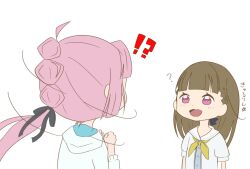 !? ._. 2girls :d ahoge anyoji_hime black_ribbon blue_dress blush brown_hair clenched_hands commentary_request dress hair_ribbon hasu_no_sora_school_uniform highres hood hooded_jacket jacket kachimachi_kosuzu kai_(kkaaii0427) link!_like!_love_live! long_hair love_live! multi-tied_hair multiple_girls neckerchief open_mouth pink_eyes pink_hair ponytail puffy_short_sleeves puffy_sleeves ribbon sailor_collar sailor_dress school_uniform short_sleeves side_ahoge sidelocks simple_background smile summer_uniform translation_request virtual_youtuber white_background white_jacket white_sailor_collar yellow_neckerchief