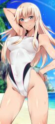 Rule 34 | 1girl, alternate costume, beach, blonde hair, blue eyes, blurry, blurry background, cameltoe, em (totsuzen no hakike), hand on own hip, hanna-justina marseille, highleg, highleg one-piece swimsuit, long hair, looking at viewer, nature, one-piece swimsuit, outdoors, palm tree, smile, solo, standing, swimsuit, tree, witches of africa, world witches series