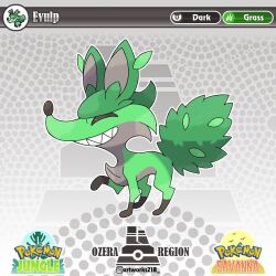 artist_name artworks218 closed_eyes copyright_logo english_text fakemon green_fur grey_fur grin multicolored_fur nintendo no_humans original pokemon pokemon_(creature) sharp_teeth smile solo teeth