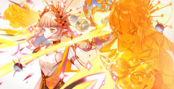 1girl absurdres alternate_costume arknights blonde_hair closed_mouth hair_ornament highres holding long_hair long_sidelocks lyuqiu mole mole_under_eye muelsyse_(arknights) multiple_persona orange_eyes parted_lips pointy_ears sidelocks smirk upper_body