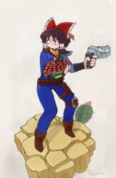 1girl angry black_eyes brown_hair cosplay fallout full_body gun hakurei_reimu holding holding_gun holding_weapon pepponeppo red_ribbon ribbon simple_background touhou vault_suit weapon