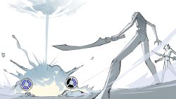 1girl 3boys elden_ring elden_ring_nightreign explosion gameplay_ability gameplay_mechanics highres holding holding_sword holding_weapon loincloth lying monochrome multiple_boys revenant_(elden_ring) smoke spot_color sword teasmacker weapon wylder_(elden_ring) x_x