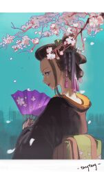 Rule 34 | 1girl, artist name, back, black hair, black kimono, blue background, blue eyes, cherry blossoms, closed mouth, commentary, hair ornament, hand fan, highres, japanese clothes, kanzashi, kimono, light smile, looking back, ltangtang116772, nico robin, nico robin (wano), obi, one piece, red lips, sash, sidelocks, signature, solo, upper body