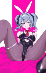 1girl ahoge animal_ears arms_behind_back ass black_leotard black_pantyhose blue_hair blush bow bowtie breasts cameltoe clothing_cutout colored_inner_hair commentary_request cuffs detached_collar fake_animal_ears hair_ornament hair_ribbon hatsune_miku heart heart_cutout heart_hair_ornament highleg highleg_leotard highres leg_ribbon leotard long_hair lying medium_breasts multicolored_hair necktie on_back pantyhose pink_pupils pink_ribbon playboy_bunny purple_eyes rabbit_ears rabbit_hole_(vocaloid) red_bow red_bowtie ribbon solo spread_legs taisho_agata teardrop_facial_mark thigh_ribbon thigh_strap tongue tongue_out twintails vocaloid x_hair_ornament