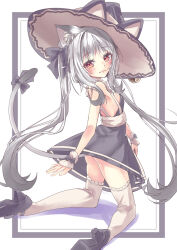 1girl :3 animal_ear_fluff animal_ears animal_hat ass bare_shoulders bell black_dress black_shoes blush bow breasts cat_ears cat_girl cat_hat cat_tail dress fang full_body grey_hair hair_bow hat high_heels highres jingle_bell kneeling long_hair looking_at_viewer looking_back maya_(vrchat) miyama_leaves red_eyes ribbon shoes short_dress sideboob sidelocks sleeveless sleeveless_dress small_breasts smile solo tail tail_bow tail_ornament tail_ribbon thighhighs twintails very_long_hair vrchat white_background white_hair white_thighhighs witch_hat wrist_cuffs