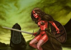 1girl bandaged_arm bandaged_leg bandages barbarian bikini black_bikini black_eyes black_hair cloud cloudy_sky commentary_request facial_mark hanji_(hansi) holding holding_shield holding_sword holding_weapon jewelry looking_at_viewer necklace open_mouth original outdoors rock shield sky solo swimsuit sword weapon