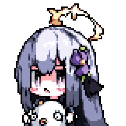 1girl animated animated_gif azusa_(blue_archive) blue_archive blush downvote_(downvote_me) flower grey_hair hair_flower hair_ornament halo long_hair looking_at_viewer open_mouth peroro_(blue_archive) pixel_art purple_eyes simple_background solo white_background