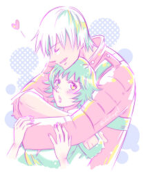 Rule 34 | 1boy, 1girl, allie (united f), artist name, black gloves, black hair, blush, closed eyes, dante (devil may cry), devil may cry, devil may cry (series), devil may cry 3, fingerless gloves, gloves, green eyes, heart, heterochromia, hug, hug from behind, lady (devil may cry), nail polish, parted lips, pink nails, red eyes, white hair