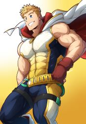 Rule 34 | 1boy, absurdres, bara, blonde hair, blue bodysuit, blue eyes, bodysuit, boku no hero academia, cape, fingerless gloves, gloves, highres, kuroshinki, large pectorals, male focus, multicolored bodysuit, muscular, muscular male, pectorals, red cape, red gloves, short hair, smile, solo, teeth, togata mirio, white bodysuit, white cape, yellow bodysuit