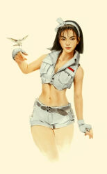 1girl absurdres asian bare_shoulders bird black_hair cropped_legs cropped_vest fingerless_gloves gloves hairband highres kazama_jun lips midriff miguel_mercado namco navel padded_gloves realistic short_hair short_shorts shorts simple_background sleeveless sleeveless_vest solo standing tekken tekken_2 tekken_8 tekken_tag_tournament tekken_tag_tournament_2 vest