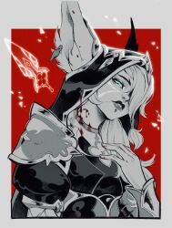 1girl armor blood ears_through_headwear green_(greeniris) hair_over_one_eye hand_up highres hood hood_up juliet_sleeves knife league_of_legends long_hair long_sleeves puffy_sleeves red_background shoulder_armor solo teeth upper_body xayah