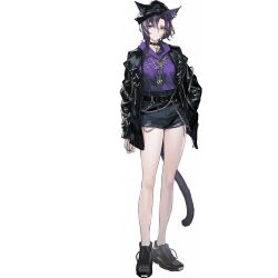 1girl animal_ears arknights baird_(arknights) bare_legs belt black_jacket black_shorts cat_ears cat_tail cenm0 choker ears_through_headwear hat jacket multicolored_hair official_art open_clothes pink_eyes purple_eyes purple_shirt shirt shoes short_shorts shorts solo streaked_hair tail