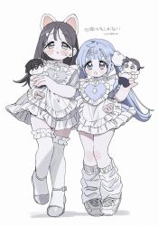 2girls apron blue_dress blue_hair brown_hair character_doll doll dress full_body grey_dress highres holding holding_doll leg_warmers long_hair maid_apron multiple_girls original shadow shoes simple_background sora_(wolrero) thighhighs translation_request twintails white_apron white_background white_leg_warmers white_shoes white_thighhighs wolrero