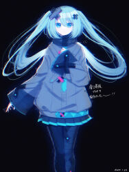 Rule 34 | 1girl, absurdres, aqua eyes, aqua hair, artist name, bandaid, bandaid on leg, batsu miku, black background, black pantyhose, black skirt, closed mouth, hair between eyes, hair ornament, hand on own chest, hatsune miku, highres, jacket, kowareta sekai to utaenai miku, long hair, long sleeves, looking at viewer, mikachiki, miniskirt, pantyhose, pleated skirt, project sekai, simple background, skirt, sleeves past wrists, solo, turtleneck, turtleneck jacket, twintails, very long hair, wide sleeves, x hair ornament