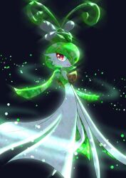 bob_cut colored_skin dress gardevoir gen_3_pokemon green_hair green_skin hair_over_one_eye higunjun looking_at_viewer multicolored_skin nintendo pink_eyes pokemon pokemon_(creature) terastallization two-tone_skin white_dress white_skin