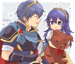 1boy 1girl aged_down alternate_costume ancestor_and_descendant black_gloves blue_eyes blue_hair blush cape closed_eyes commentary dress fingerless_gloves fire_emblem fire_emblem:_mystery_of_the_emblem fire_emblem_awakening flying_sweatdrops gloves hair_between_eyes highres holding holding_stuffed_toy kiriya_(552260) long_hair looking_at_another lucina_(fire_emblem) marth_(fire_emblem) nintendo open_mouth short_hair short_sleeves stuffed_animal stuffed_toy symbol-only_commentary teddy_bear tiara twitter_username two-tone_cape