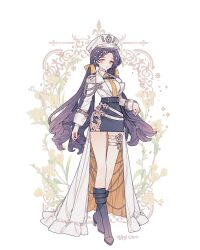 1girl black_boots black_skirt boots bow commentary commission dress embroidery epaulettes floral_background flower frilled_cape full_body gold_embroidery green_flower hair_bow hair_ornament hat lemon89h low_twintails military_hat multiple_hair_bows necktie original purple_hair rococo_movement skirt solo standing thigh_strap twintails waist_cape wavy_hair yellow_eyes yellow_necktie
