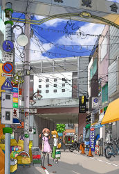 3boys 5girls animal_ears ara_ta bad_id bad_pixiv_id bicycle cityscape fox_ears fox_tail harada_(sansei_rain) highres japan lamppost multiple_boys multiple_girls original pink_eyes pink_hair real_world_location road road_sign sign street tail thighhighs traffic_cone twintails urban vanishing_point