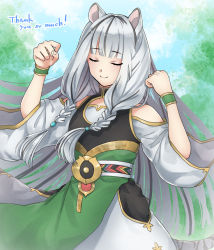 animal_ears atla_fayon blue_background braid closed_eyes green_robe hamham_121 highres power-up robe silver_hair smile tate_no_yuusha_no_nariagari twin_braids white_robe