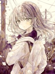 Rule 34 | 1girl, artist name, bag, book, brown theme, cardigan, commentary, falling petals, highres, holding, holding book, long hair, looking at viewer, looking to the side, monochrome, original, outdoors, painting (medium), petals, power lines, sailor collar, school bag, school uniform, sepia, serafuku, sky, solo, standing, tears, traditional media, turning head, twitter username, upper body, utility pole, watercolor (medium), yukoring