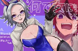 1boy 1girl animal_ears aotsuki_eito black_gloves black_streaks blue_eyes blue_leotard breasts cleavage fake_animal_ears genderswap genderswap_(mtf) glasses gloves grey_hair highres hood hoodie kawati large_breasts leotard light_blush looking_at_viewer multicolored_hair playboy_bunny purple_background purple_eyes rabbit_ears red_hair short_hair strapless strapless_leotard streaked_hair sumino_takumi sweatdrop teeth the_hundred_line_-last_defense_academy- thighhighs two-tone_background upper_teeth_only white_hoodie