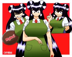 Rule 34 | &gt; &lt;, 1girl, 2024, absurdres, apron, artist name, black eyes, black hair, blush, border, breasts, collarbone, commentary, cropped torso, denim, double bun, english commentary, female focus, green apron, grin, hair bun, harashima rojami, highres, index finger raised, jeans, kuromiss, large breasts, long hair, looking at viewer, multiple expressions, multiple views, necktie, no nose, original, outside border, pants, puckered lips, real life, red background, shirt, smile, solo, straight-on, thick thighs, thighs, upper body, very long hair, white shirt