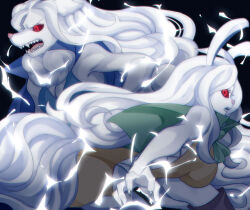 2girls animal_ears bad_tag black_background blue_cape breasts cape capelet carrot_(one_piece) dog_girl dress feet_out_of_frame from_side green_capelet highres large_breasts lightning long_hair multiple_girls one_piece open_mouth pandar_op rabbit_ears rabbit_girl red_eyes serious sharp_teeth sleeveless sleeveless_dress sulong_form teeth very_long_hair wanda_(one_piece) wavy_hair white_fur white_hair yellow_dress