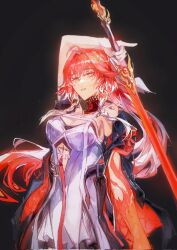 1girl ahoge black_collar black_jacket body_markings braid breasts changli_(wuthering_waves) cleavage collar colored_extremities commentary cowboy_shot dress feather_hair hachi_shoku_mare hair_extensions highres holding holding_sword holding_weapon jacket large_breasts long_hair looking_at_viewer multicolored_hair orange_eyes pink_hair red_hands ring_hair_extensions solo sword tacet_mark_(wuthering_waves) twin_braids two-tone_hair very_long_hair weapon white_dress white_hair wuthering_waves