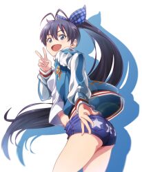 1girl :d antenna_hair blue_bow blue_eyes blue_hair blue_jacket blue_shorts bow breasts colored_shadow commentary_request denim denim_shorts fang from_below ganaha_hibiki hair_between_eyes idolmaster jacket kakaobataa long_hair long_sleeves looking_at_viewer micro_shorts open_mouth ponytail shadow shirt shorts simple_background smile solo thighs v very_long_hair white_background white_shirt
