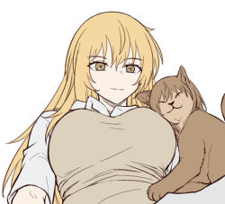 2girls :3 animalization blonde_hair breast_pillow breasts brown_eyes head_rest large_breasts long_hair misaka_mikoto multiple_girls school_uniform shokuhou_misaki simple_background toaru_kagaku_no_railgun toaru_majutsu_no_index tokiwadai_school_uniform white_background yakult1124