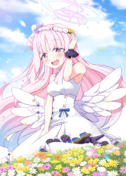 1girl :d arm_up blue_archive blue_bow blue_sky blush bow breasts brown_flower cloud commentary_request day dress feathered_wings flower flower_wreath hair_bun halo harada_(sansei_rain) head_wreath highres long_hair looking_at_viewer low_wings medium_breasts mika_(blue_archive) open_mouth outdoors partial_commentary pink_flower pink_hair purple_flower round_teeth single_side_bun sky sleeveless sleeveless_dress smile solo teeth upper_teeth_only very_long_hair white_dress white_flower white_wings wings yellow_flower