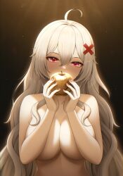 Rule 34 | 1girl, absurdres, ahoge, apple, breasts, censored, censored nipples, commentary request, convenient arm, convenient censoring, covered mouth, erispheria, food, fruit, golden apple, hair ornament, hand to own mouth, hands up, head tilt, highres, holding, holding food, holding fruit, indie virtual youtuber, large breasts, light particles, long hair, looking at viewer, nude, pink nails, red eyes, shaded face, solo, spanish commentary, spotlight, upper body, virtual youtuber, wavy hair, white hair, x hair ornament, yisusjpl