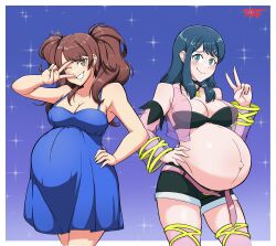2girls absurdres artist_logo bare_shoulders belly big_belly blue_dress blush border breasts cleavage closed_mouth commentary dress english_commentary fire_emblem hand_on_own_hip highres kujikawa_rise large_breasts logo looking_at_viewer multiple_girls navel nintendo one_eye_closed open_mouth oribe_tsubasa outie_navel outside_border persona persona_4 pregnant teeth tokyo_mirage_sessions_fe tsukijitums v white_border