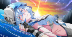 2girls bandaged_arm bandages black_gloves blue_hair blue_nails blue_veil blue_w_moon breasts closed_mouth colored_eyelashes commentary_request dress female_rover_(wuthering_waves) from_side gloves hair_between_eyes highres holding_hands large_breasts looking_at_viewer lying multiple_girls nail_polish nebula on_back outdoors pov pov_hands purple_eyes rover_(wuthering_waves) smile solo_focus sunrise shorekeeper_(wuthering_waves) two-tone_veil veil water white_dress white_veil wuthering_waves